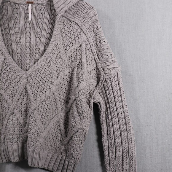 Free People Traveler Cable Knit Sweater Womens S Cropped Pullover Grey - Picture 13 of 15